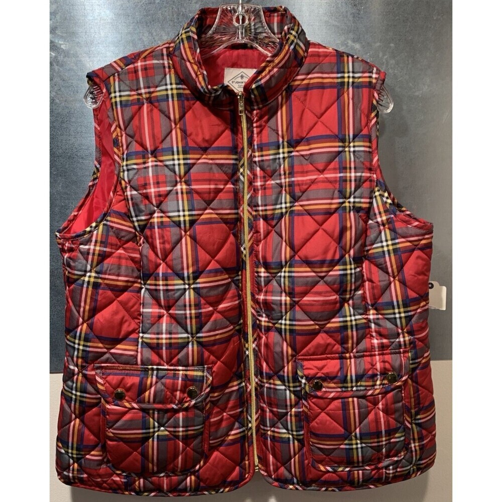 St John's Bay Cabin Barn Chore Vest Bright Brass Zip Plaid Quilted Mock Collar - Picture 10 of 16